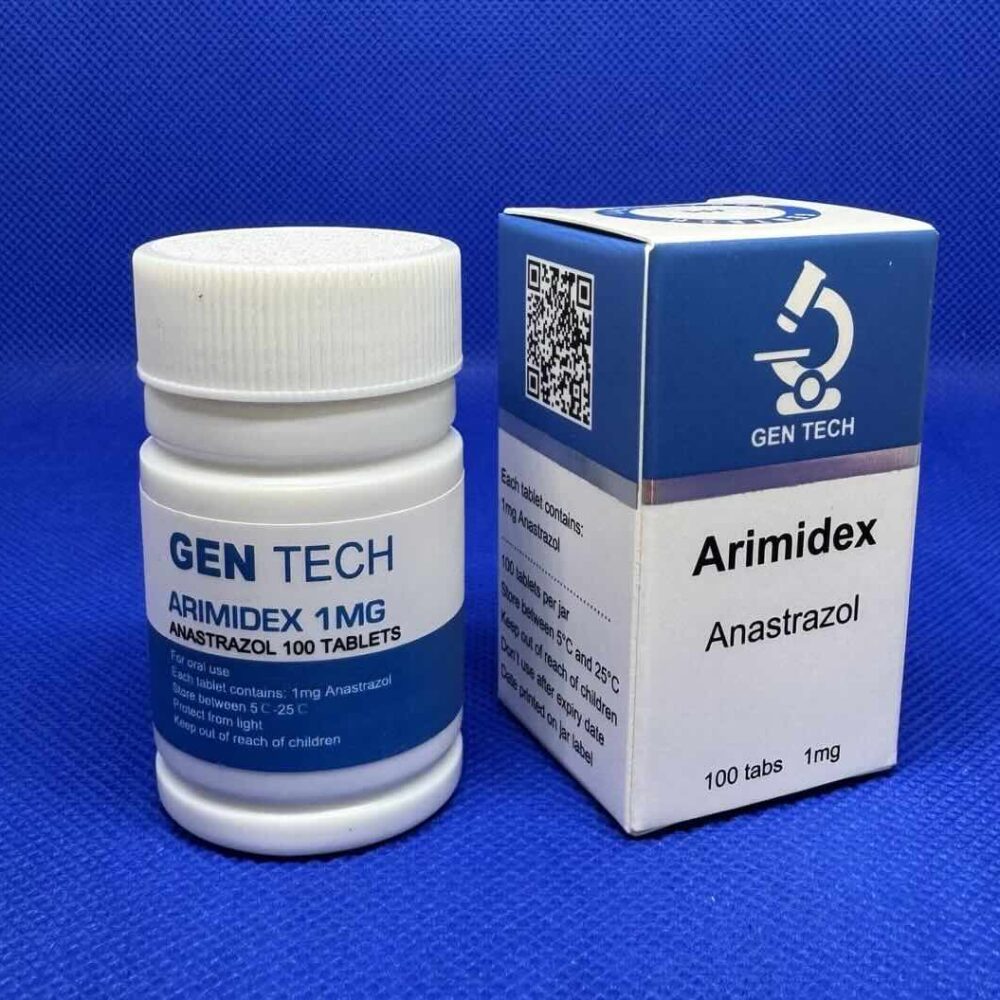 Afbeelding van het doosje en potje met 100 tabletten Arimidex van GenTech, een aromataseremmer voor het reguleren van oestrogeenspiegels tijdens steroïdecycli.