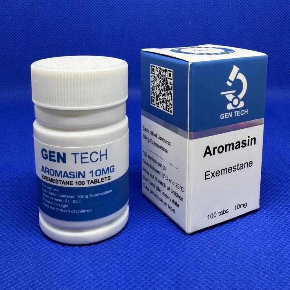 Doosje en potje van Aromasin van GenTech met 100 tabletten.