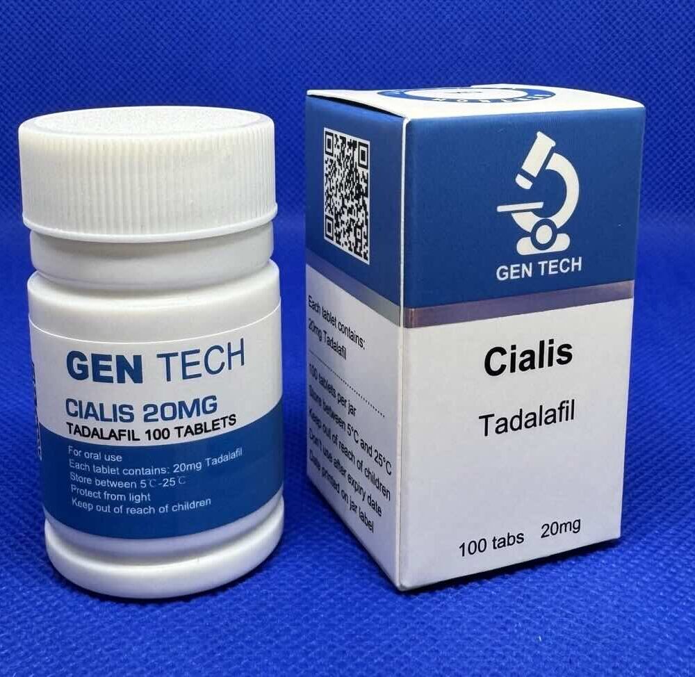 Doosje en potje van Cialis van GenTech met 100 tabletten.