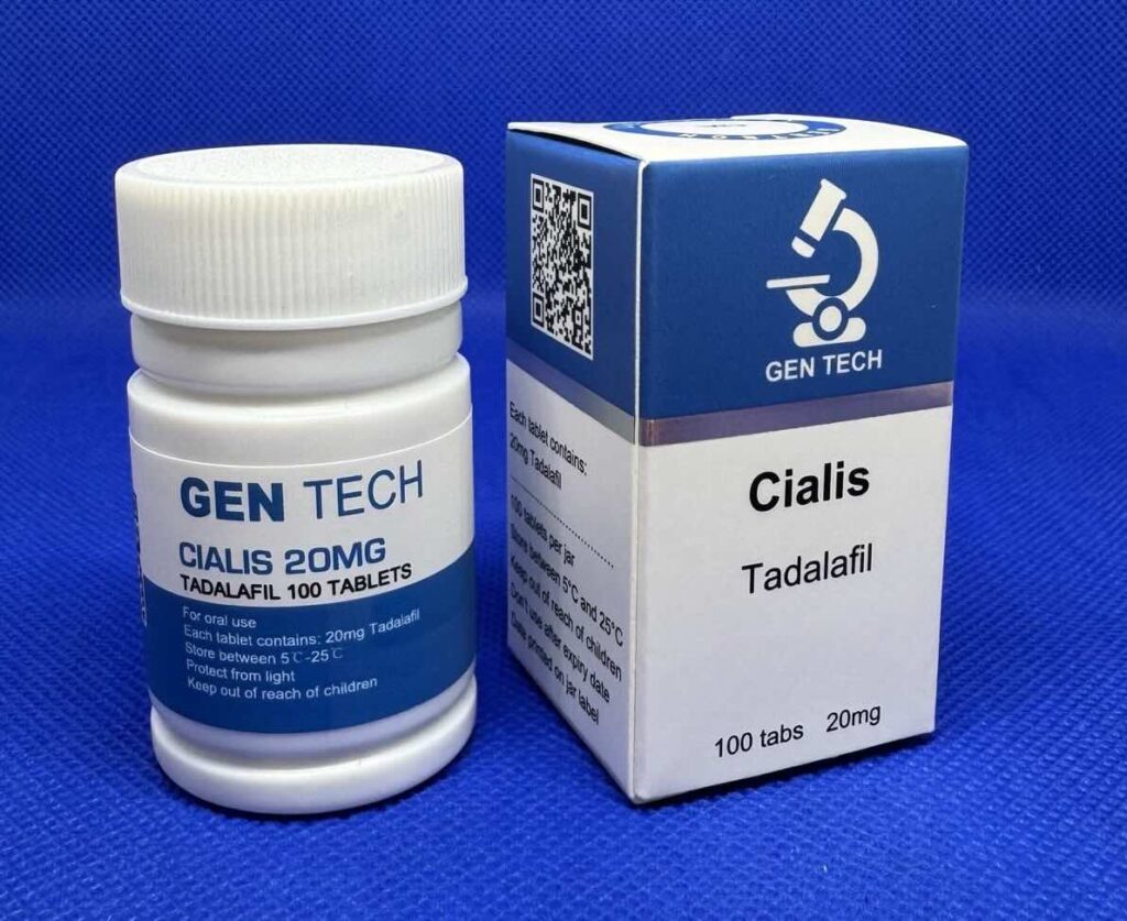 Doosje en potje van Cialis van GenTech met 100 tabletten.