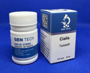 Doosje en potje van Cialis van GenTech met 100 tabletten.