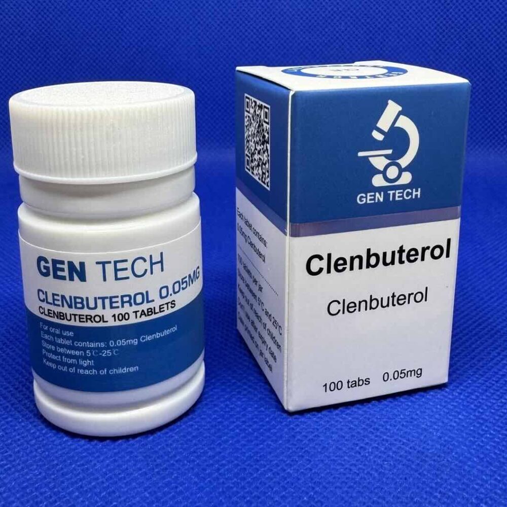 Doosje en potje van Clenbuterol van GenTech met 100 tabletten.