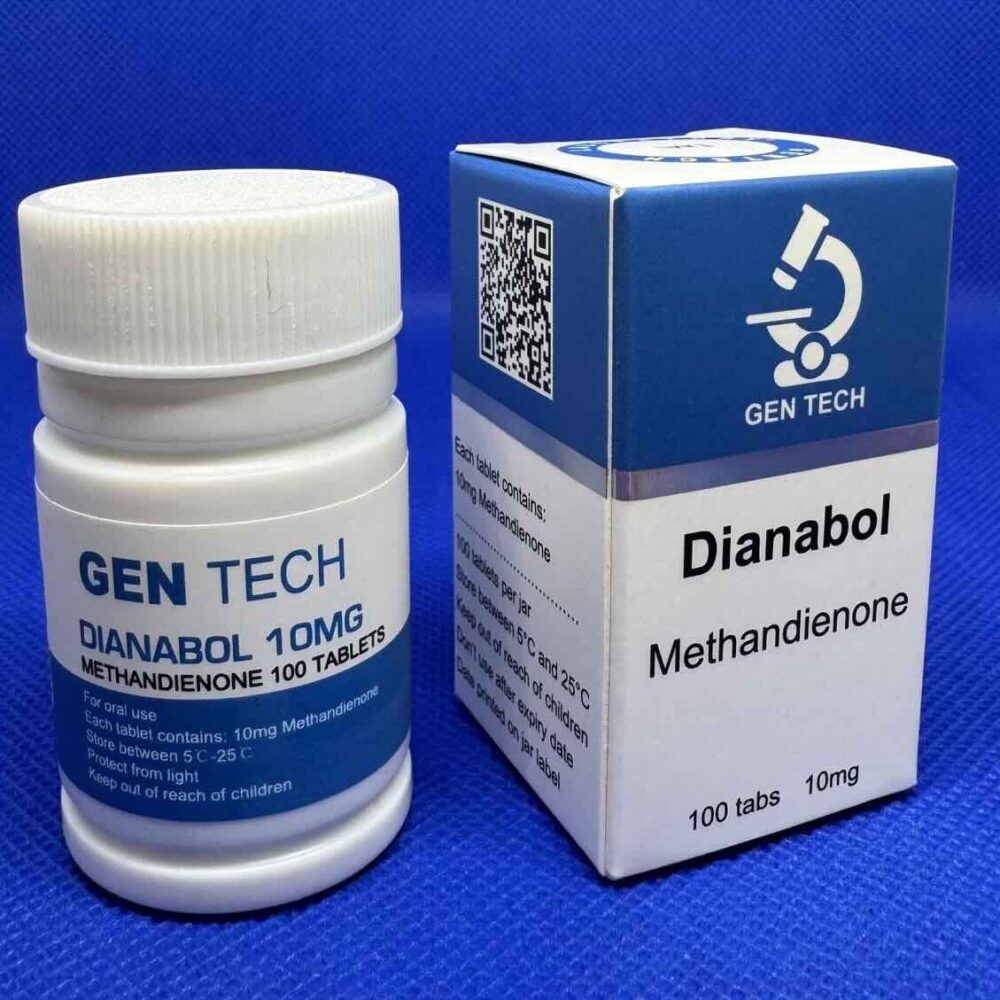 Afbeelding van het doosje en potje met 100 tabletten Dianabol Oral van GenTech, een krachtige anabole steroïde voor spiergroei en kracht.