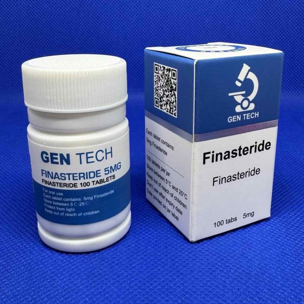 Doosje en potje van Finasteride van GenTech met 100 tabletten.