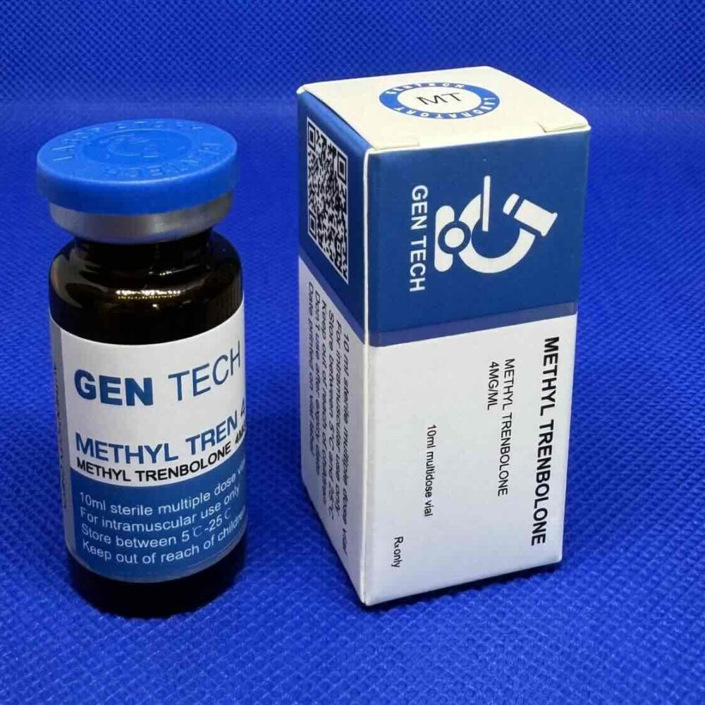 Afbeelding van een doosje Methyl Trenbolone Depot van GenTech met een 10 ml vial, een krachtig anabool steroïde voor spieropbouw en krachttoename.