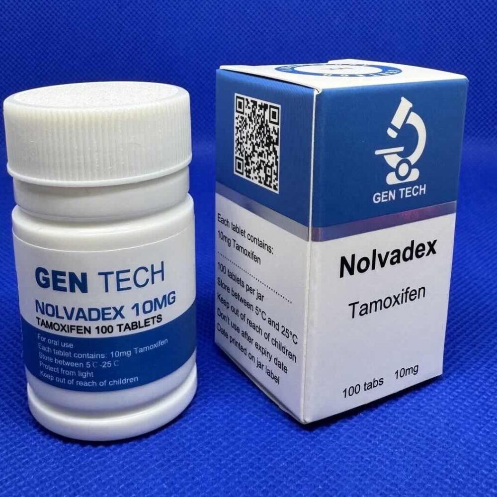 Afbeelding van een doosje Nolvadex van GenTech met een potje van 100 tabletten, een anti-oestrogeen voor hormonale balans bij steroïdengebruik.