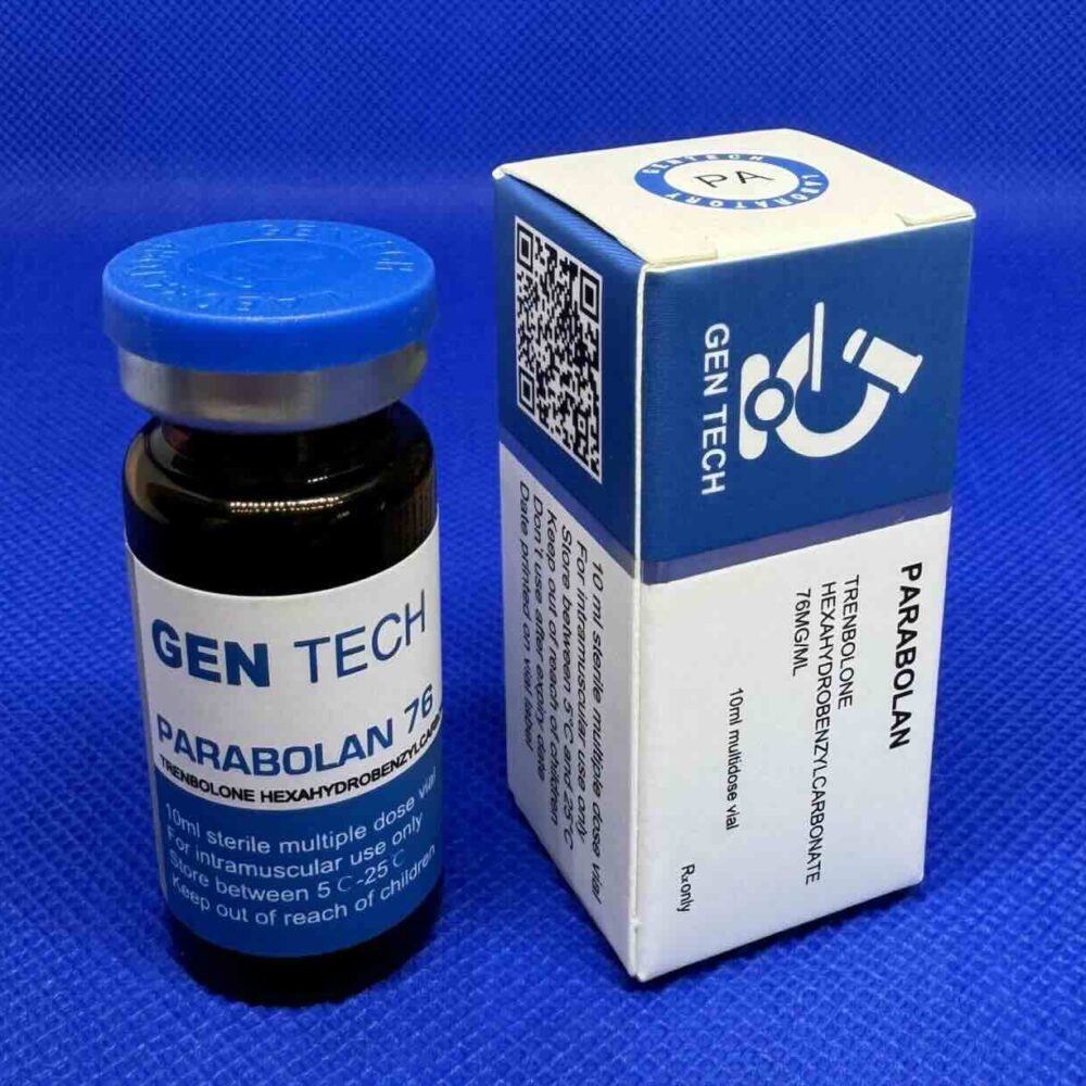 Afbeelding van het doosje en de vial Parabolan 10 ml van GenTech, een krachtige anabole steroïde voor spiermassa en krachttoename.