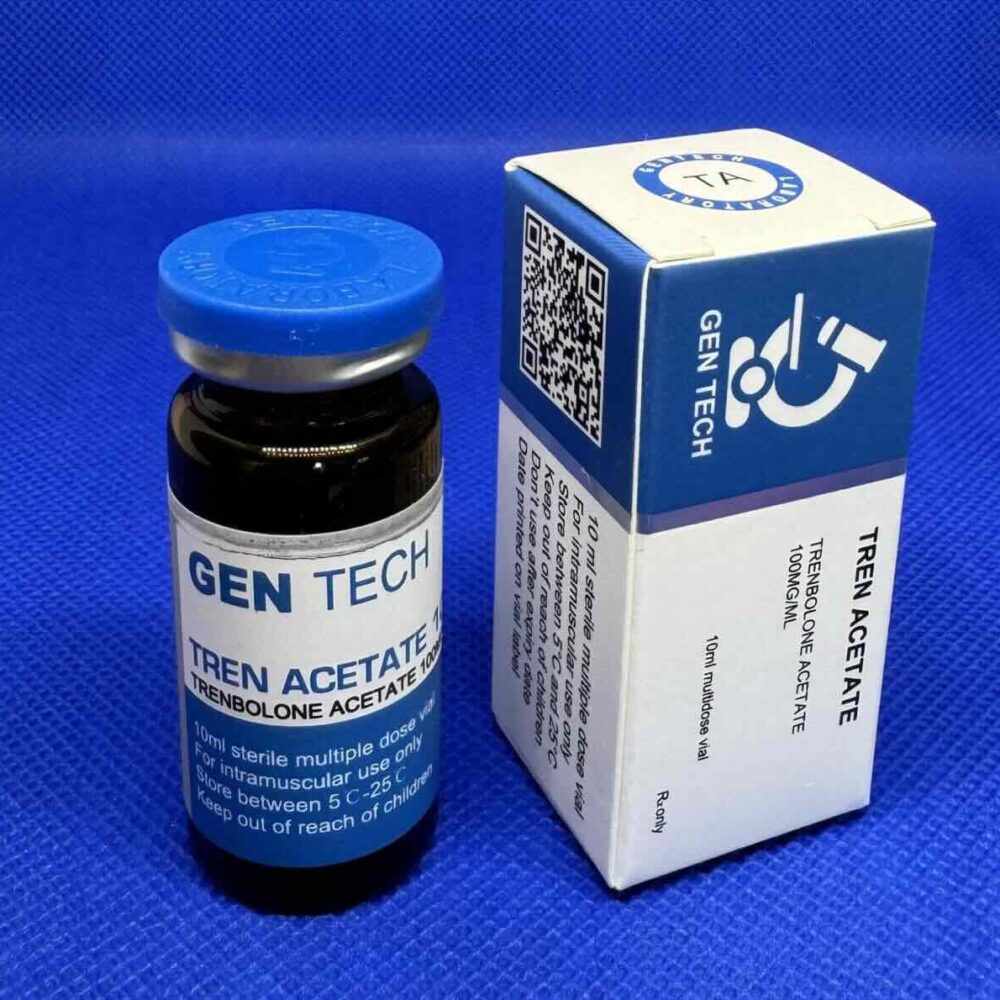 Afbeelding van het doosje en de vial Trenbolone Acetate 10 ml van GenTech, een krachtige injecteerbare anabole steroïde voor spiergroei en vetverlies.