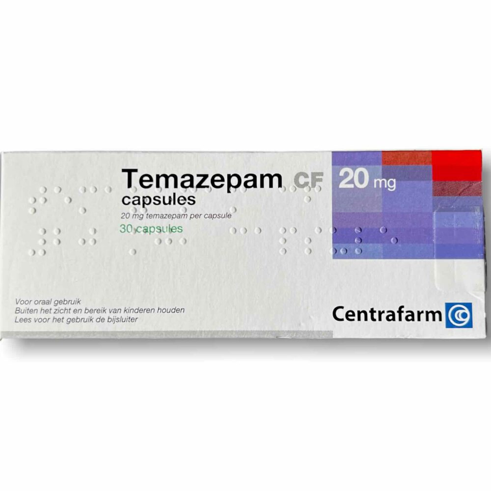 Afbeelding van een doosje Temazepam 20 mg van Centrafarm, een slaapmiddel voor de behandeling van slapeloosheid.