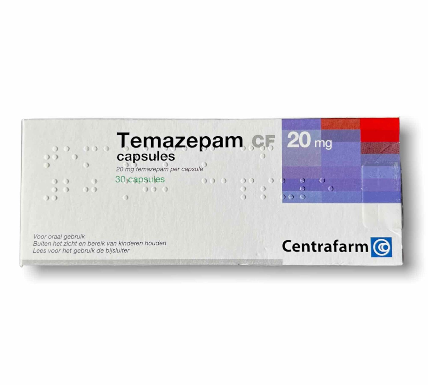 Afbeelding van een doosje Temazepam 20 mg van Centrafarm, een slaapmiddel voor de behandeling van slapeloosheid.