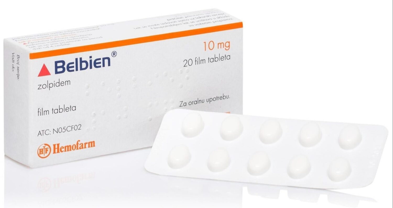 Afbeelding van het doosje en een strip Zolpidem 10 mg van Hemofarm, een geneesmiddel voor de behandeling van slapeloosheid.