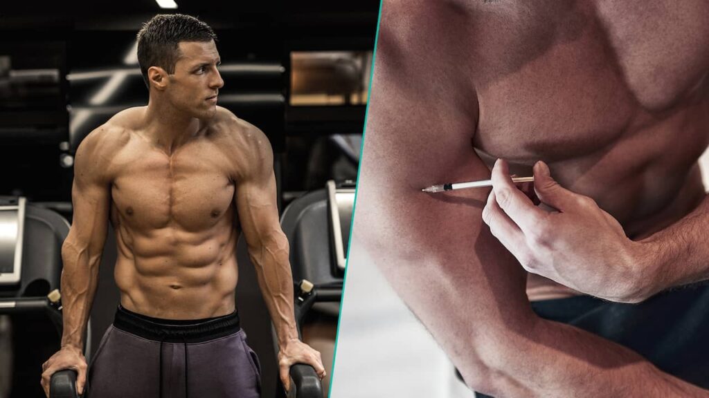 Before and after images of an athlete using anabolic steroids for muscle growth.